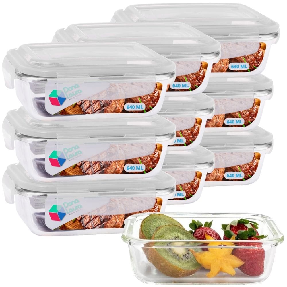 Kit 10 Potes Vidro Retangular Tampa Com Travas 640ml Transparente