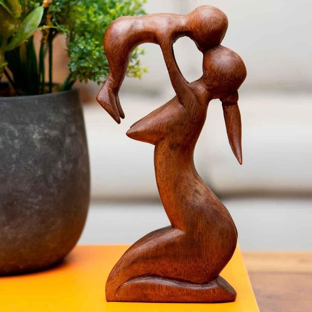 Escultura Mãe E Filho De Madeira Suar Importada De Bali