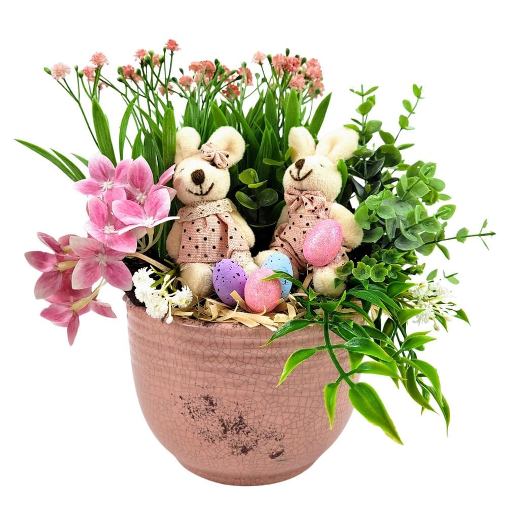 Arranjo De Páscoa Com Vaso Casal De Coelho Rosa Decoração