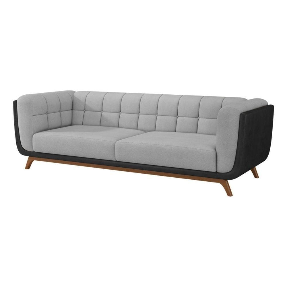 Sofá 3 Lugares 240cm Com Pés Em Madeira Linha Premium Compose Linho Cinza E Corino Preto Sala Luxo