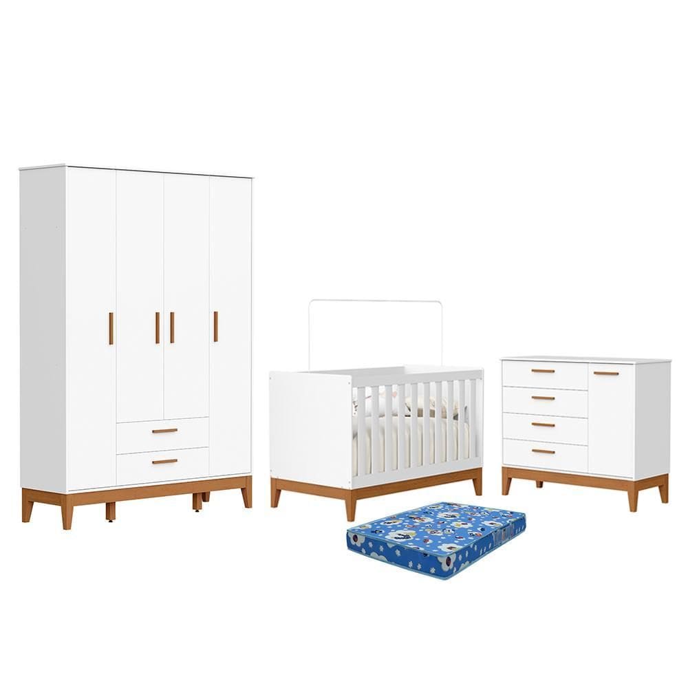 Dormitório Infantil Flip Guarda Roupa 4 Portas, Cômoda 1 Porta e Berço com Colchão Physical - Reller Móveis