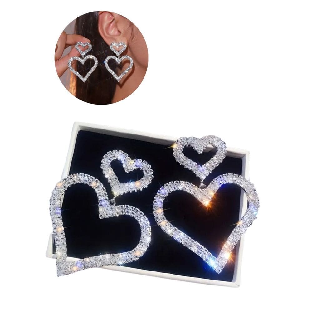 Brinco Feminino Coração Duplo Strass Brilhante Luxo Festa