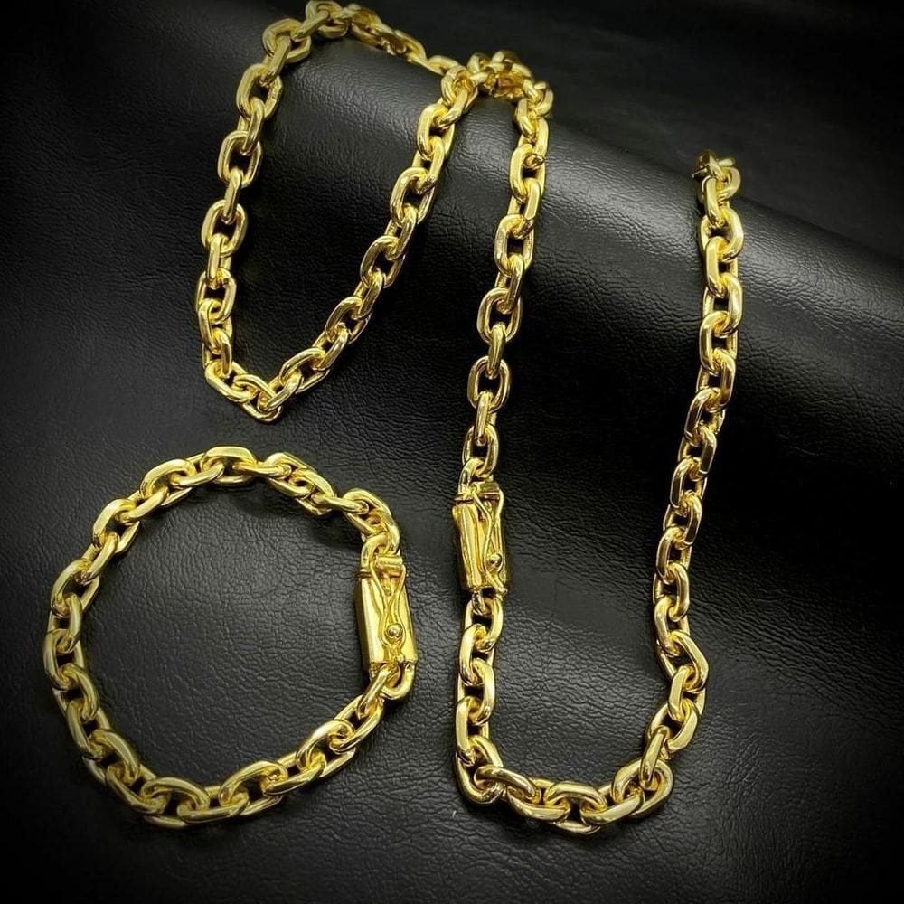 Kit Cadeado 8Mm Corrente + Pulseira Banhado A Ouro 18K