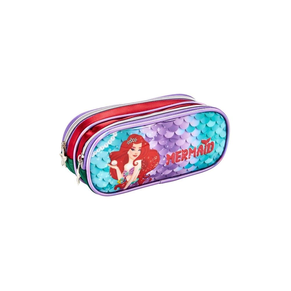 Estojo Escolar Duplo Sereia Fundo Do Mar - Vermelho