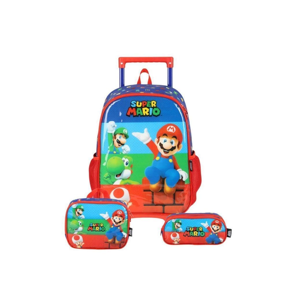 Kit Mochila De Rodas Super Mario Comlancheira Estojo Duplo