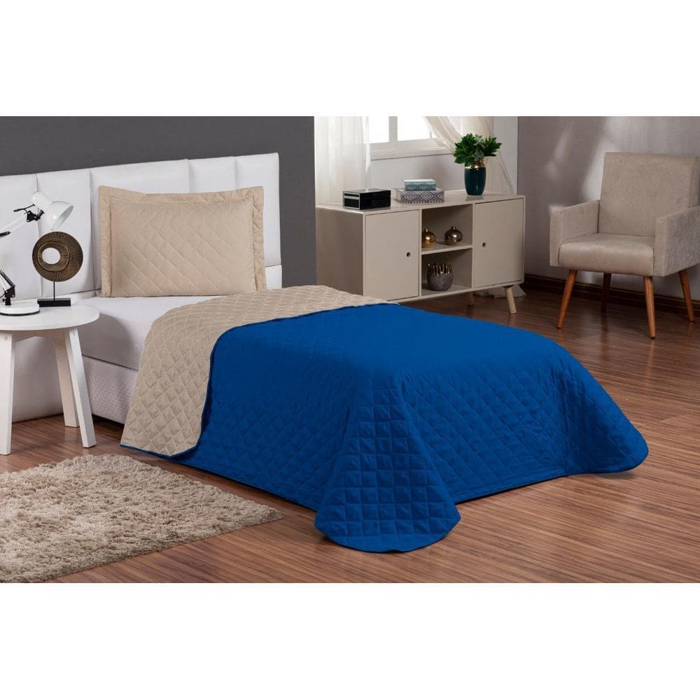 Kit Cobre Leito Infantil Viés 3 Peças Dupla Face Azul/Caqui