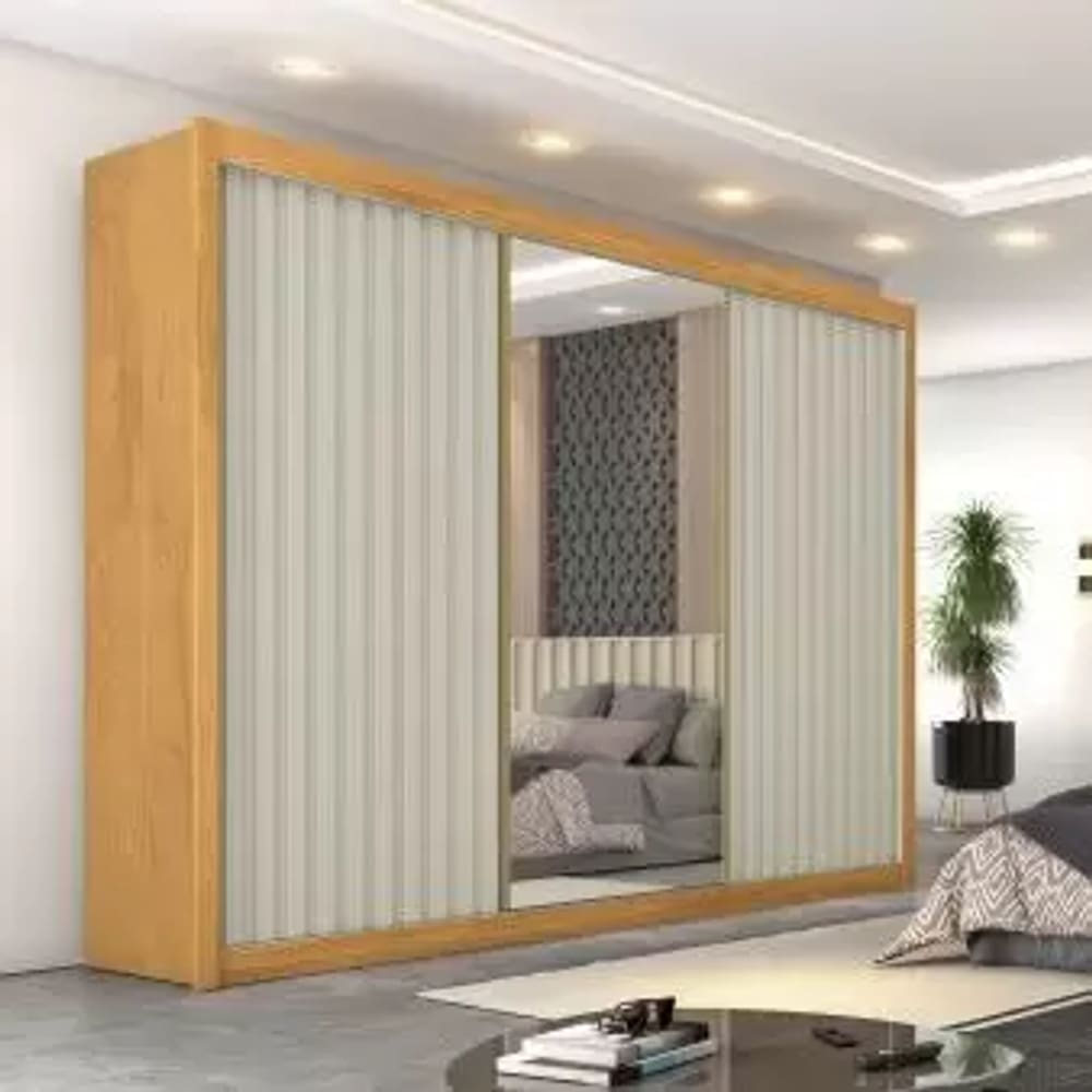 Guarda Roupa Casal com 3 Portas de Correr e Espelho Central - Ravena-Peroba/Off White - Móveis Europa