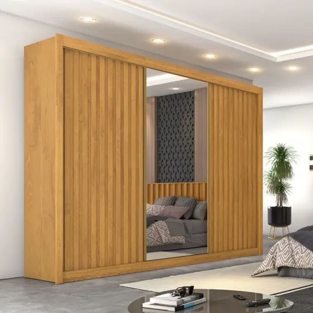 Guarda Roupa Casal Ripado 3 Portas 6 Gavetas e Espelho Central - Essenza - Móveis Europa