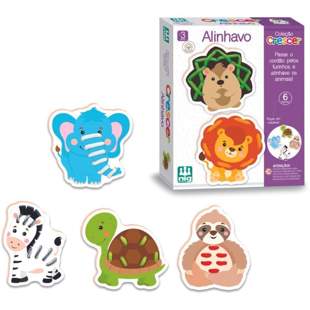 Brinquedo Educativo Alinhavo 6 Animais Em Madeira