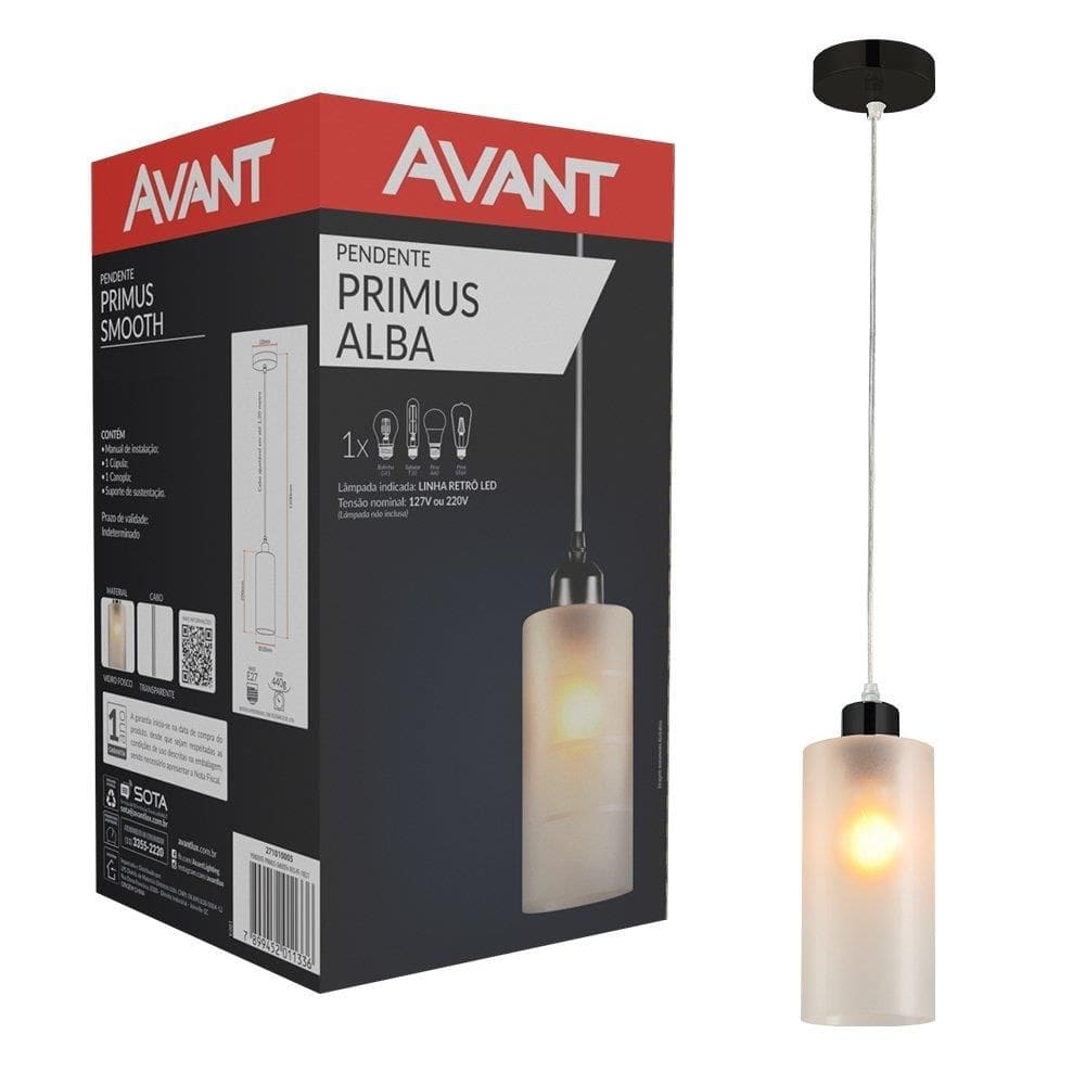 Pendente Avant Primus Alba 1XE27, Suporte Preto, Vidro Fosco