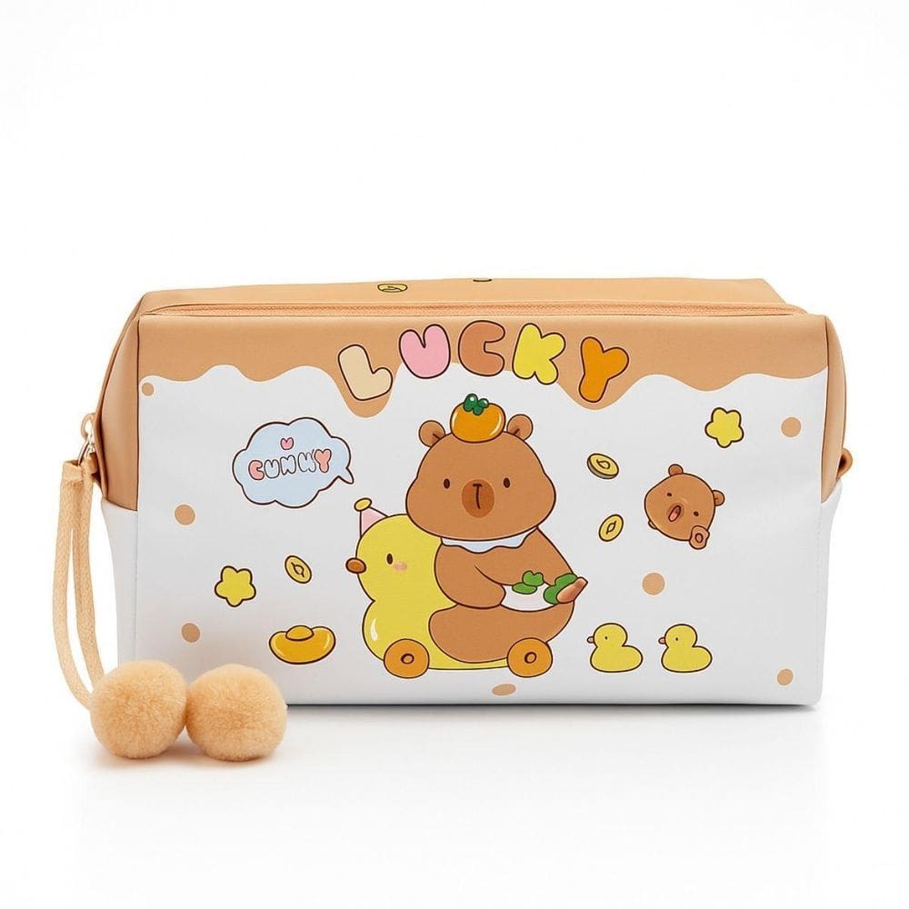 Estojo Capivara Infantil Com Pompom 1 Divisória Escolar