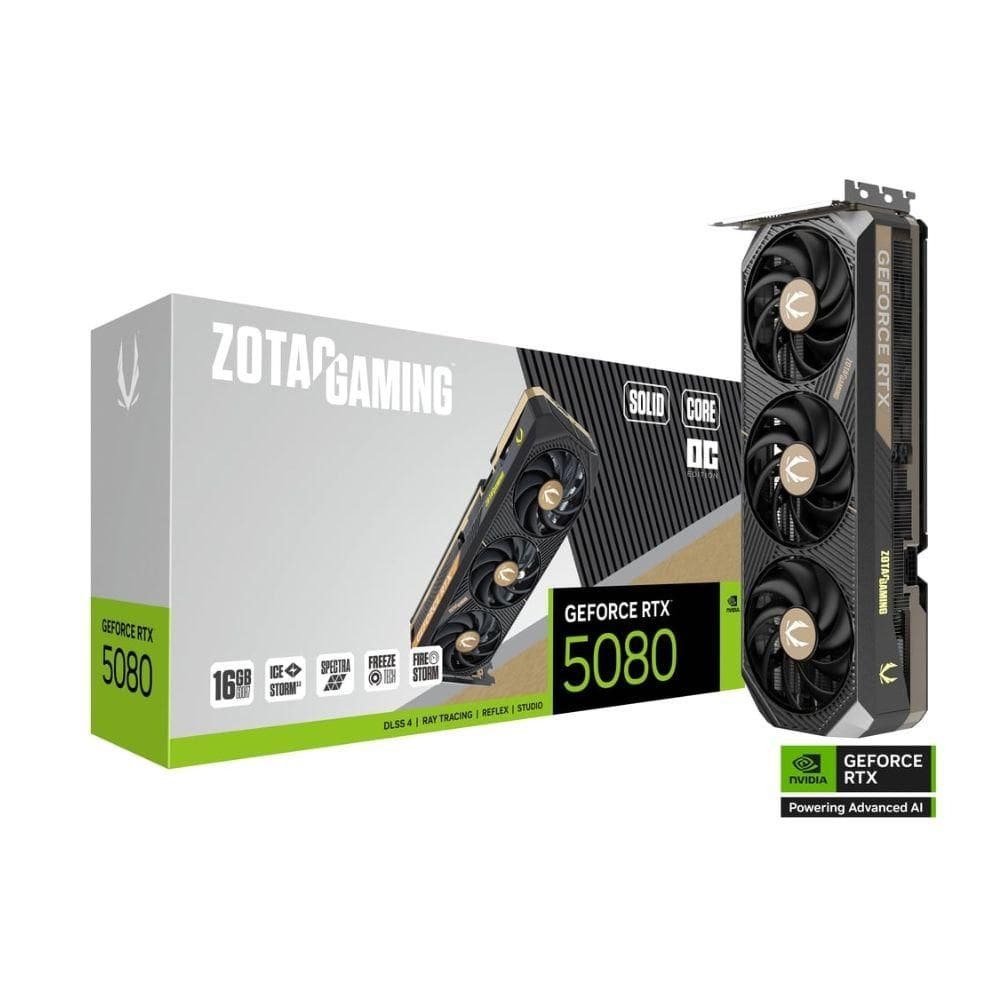 Placa de Video ZOTAC RTX 5080 16GB GDDR7 Solid Core OC Ray Tracing DLSS 4 Preto