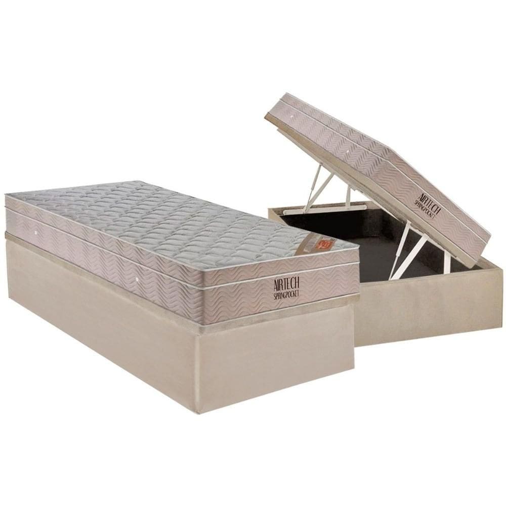Cama Box Baú Solteiro: Colchão Molas Molas Ensacadas Ensacadas Ortobom Fort Airtech + Base CRC Suede Clean (88x188)