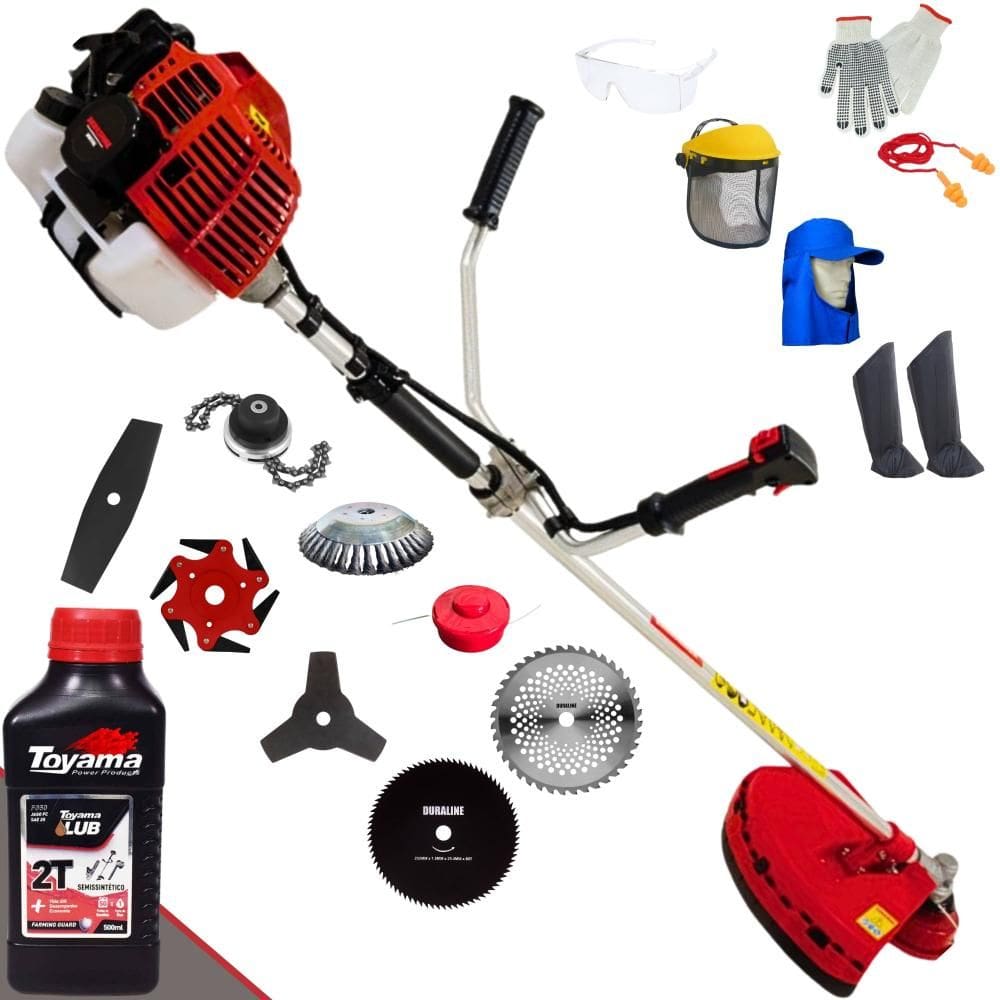 Roçadeira Lateral Kawashima KW52L À Gasolina 52cc 2,5HP Para Todos os Tipos de Trabalho Com Carretel + Kit de 7 Opções de Cortes + EPI + ÓLEO TOYAMA