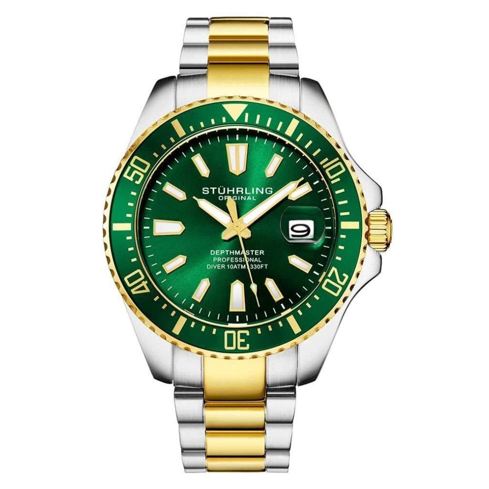 Relogio masculino Depthmaster 3950A 42mm, mostrador verde, pulseira em aco inox dourado e fivela prateada Stuhrling