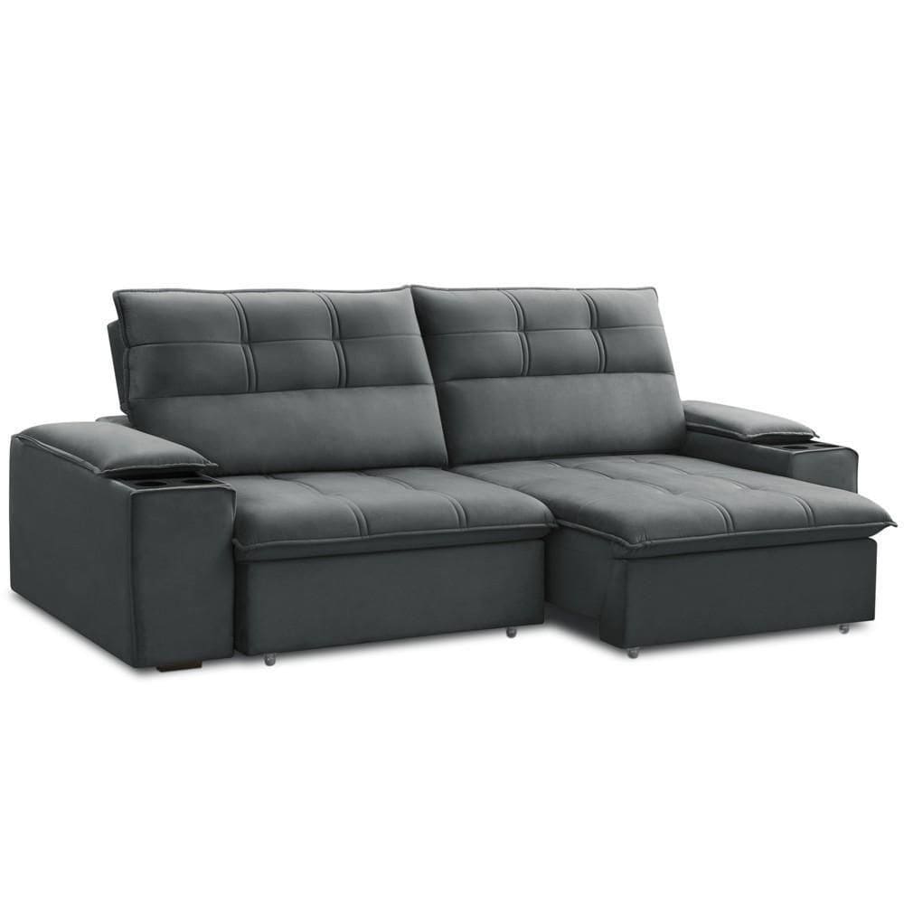 Sofá Retrátil Reclinável Para Sala 3 Lugares 210cm Zayn F04 Veludo Cinza Escuro - Lyam Decor