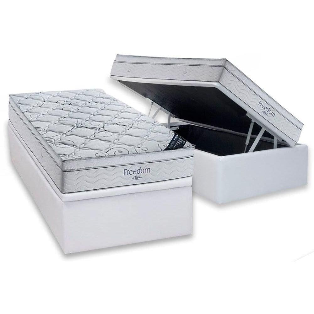 Cama Box Baú Solteiro: Colchão Molas Molas Ensacadas Ensacadas Ortobom Freedom Visco + Base CRC Courano White (88x188)