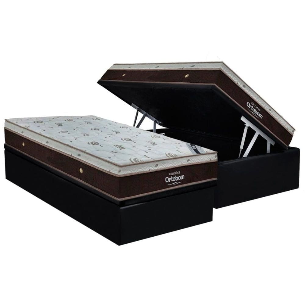 Cama Box Baú Solteiro: Colchão Molas Molas Ensacadas Ensacadas Ortobom Sleep King + Base CRC Suede Black (88x188)