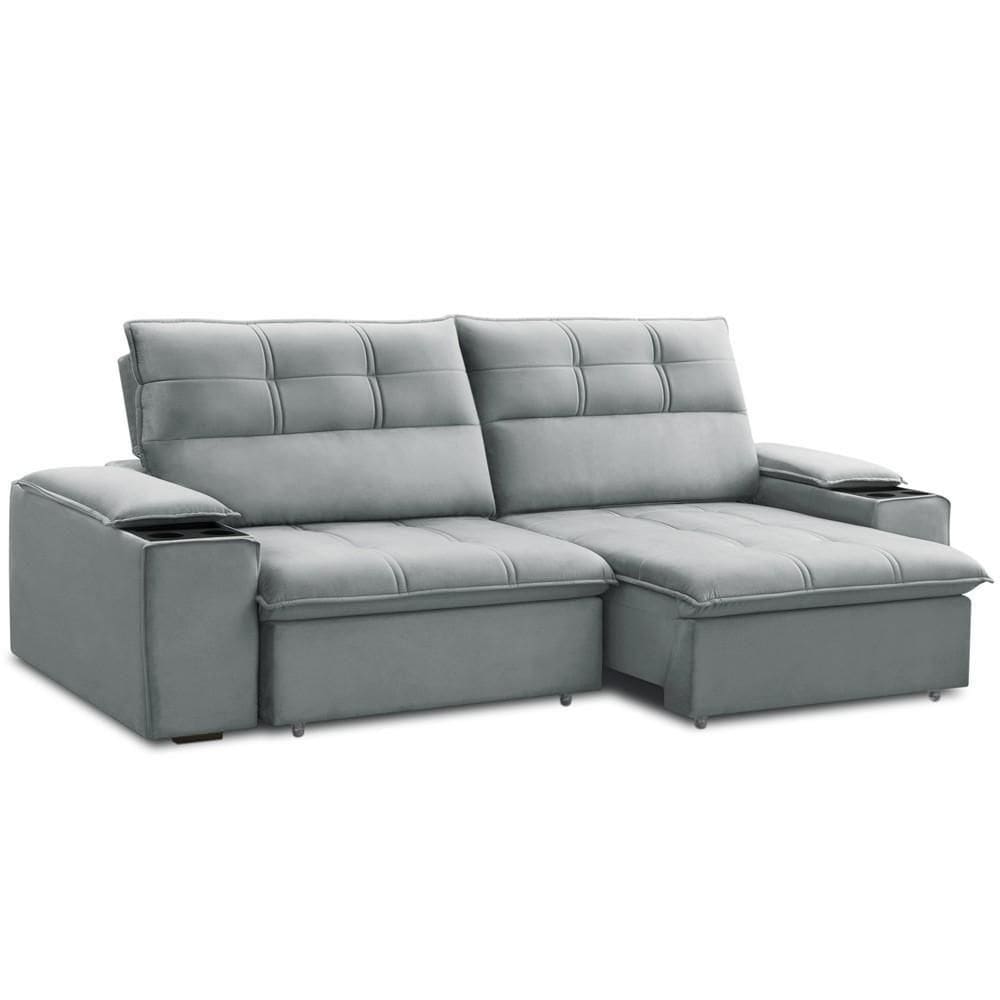 Sofá Retrátil Reclinável Para Sala 3 Lugares 230cm Zayn F04 Veludo Cinza Claro - Lyam Decor