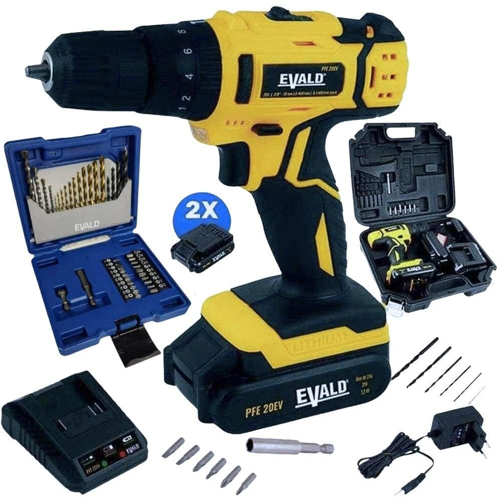Parafusadeira Furadeira Impacto com 2 Baterias Carregador e Kit 41 Peças EVALD
