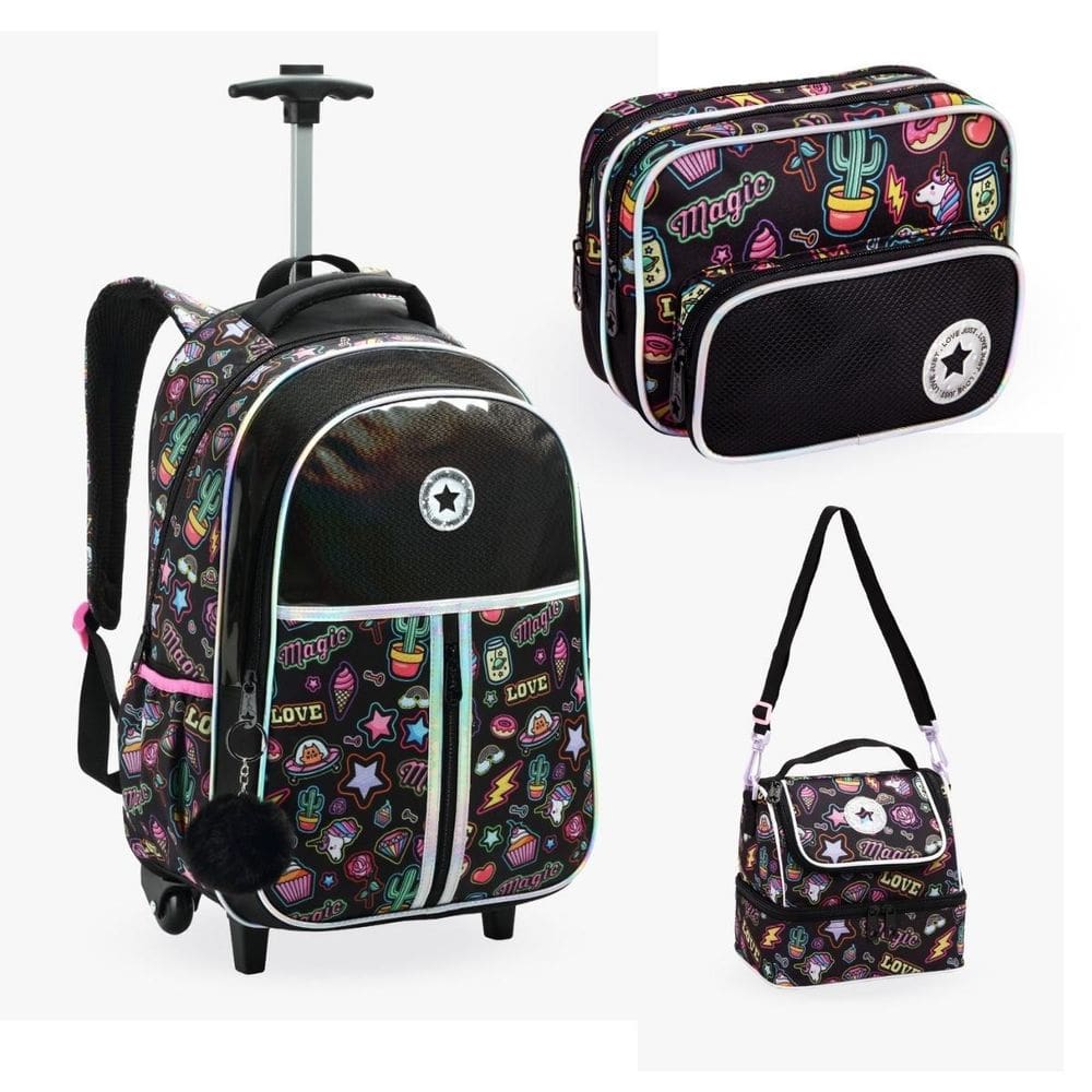 Kit Mochila Rodinhas Juvenil Escolar Lancheira E Estojo Love