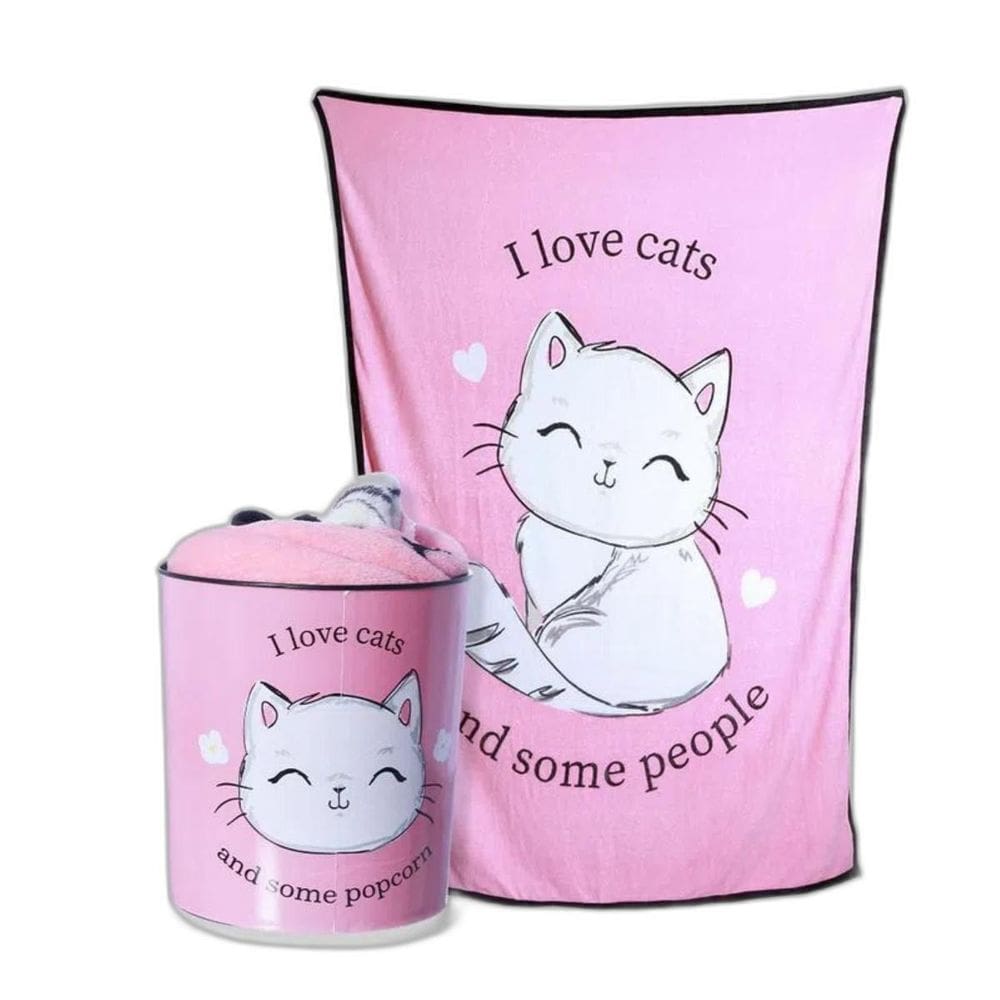 Kit Balde Pipoca+Manta I Love Cats Eu Amo Gatos Rosa
