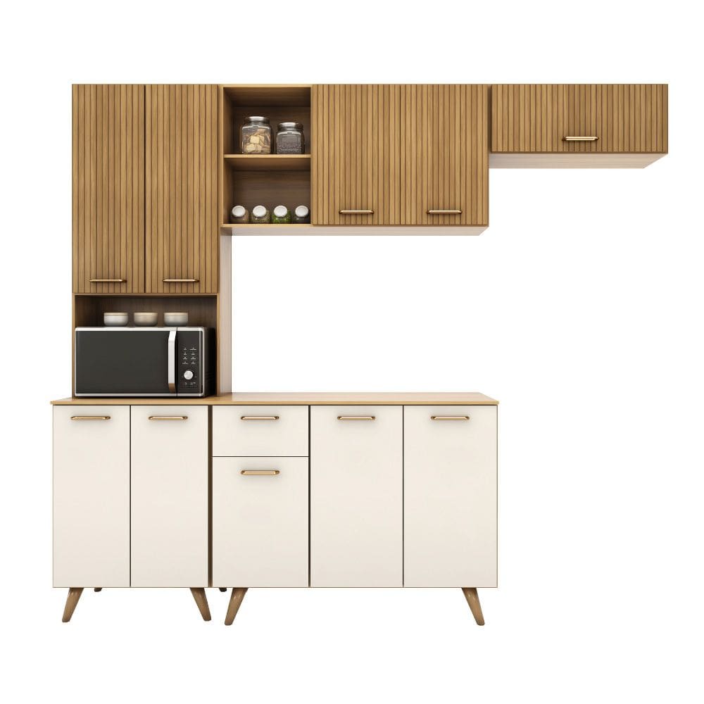 Cozinha Compacta + Balcão Com Tampo (04 Peças) Olinda Freijo Uv Ripado Off Acetinado - SSX Multicoisas