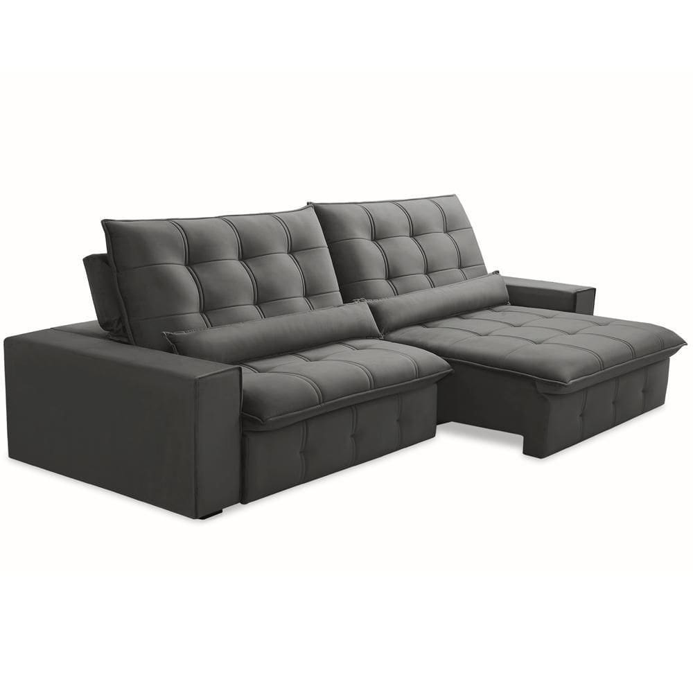 Sofá Retrátil Reclinável Para Sala 4 Lugares 290cm Curie F04 Veludo Cinza Escuro - Lyam Decor