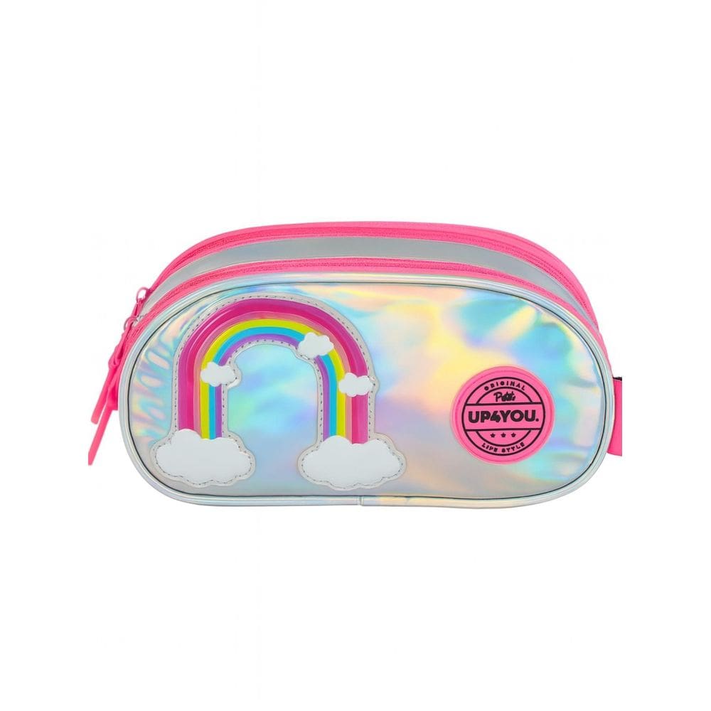 Estojo Menina Escolar Triplo Arco-Íris Holográfico Prata
