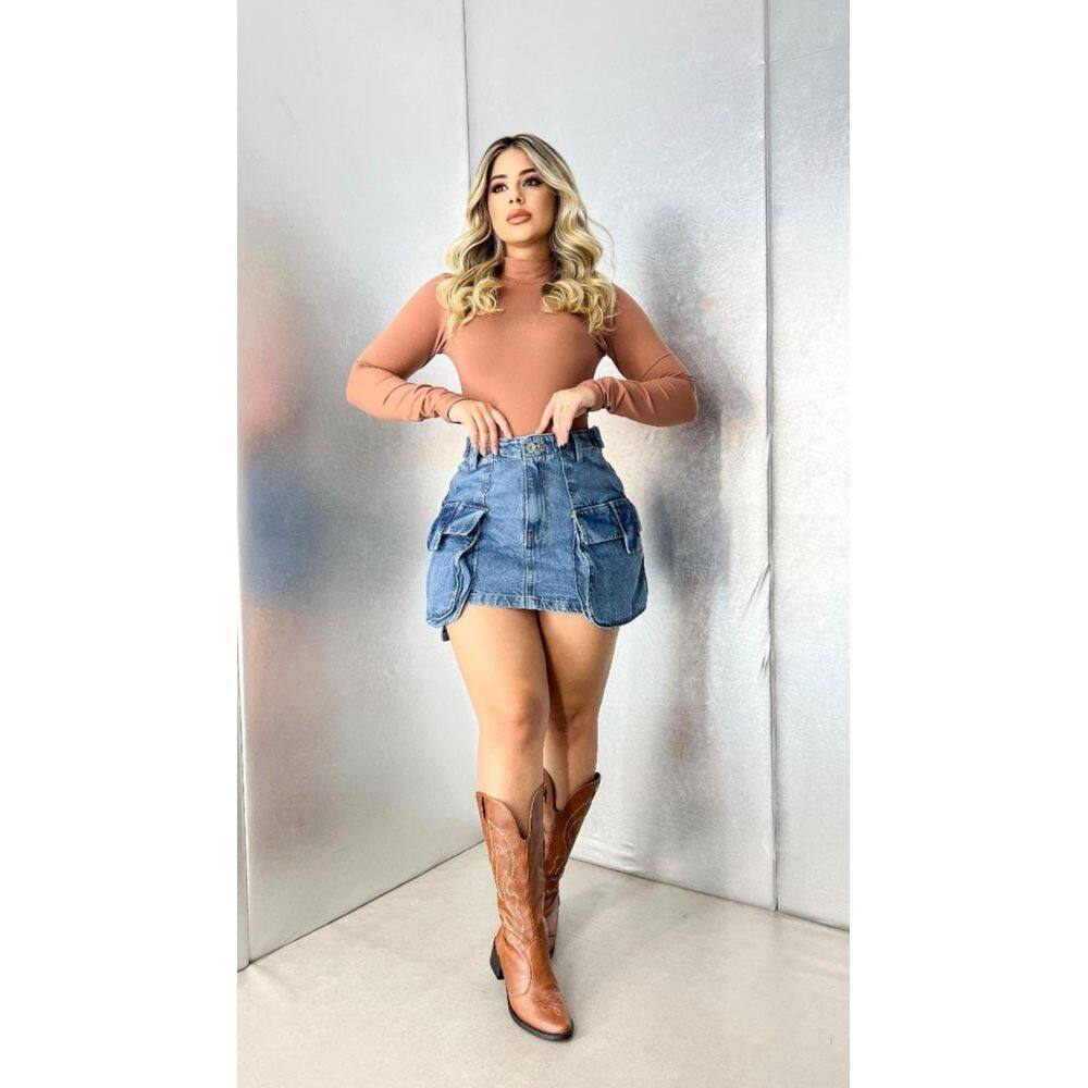 Saia Jeans Cargo Detalhe Cinto Barra Feita