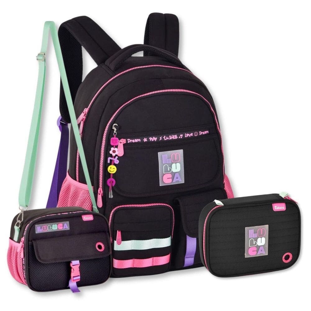 Kit Luluca Mochila Com Lancheira E Estojo Box Escolar Preto