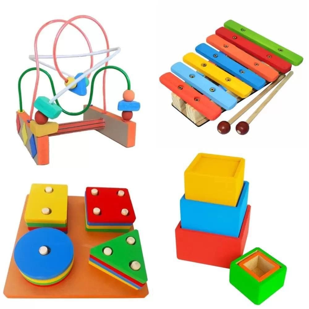 Kit Com 4 Brinquedos Educativos De Madeira Primeira Infância