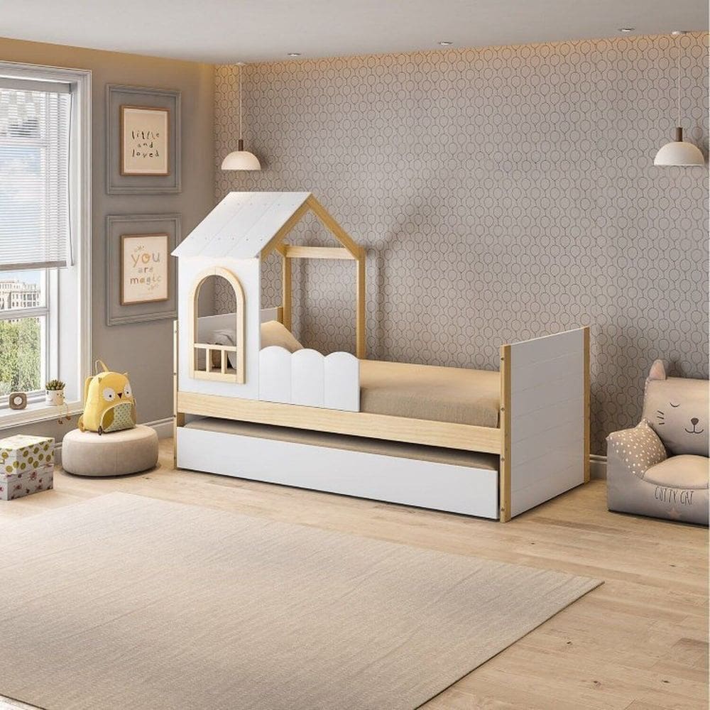 Bicama Solteiro com Telhado New Garden Casatema Natural/Branco