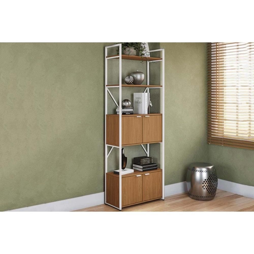 Estante Livreiro de Escritório Industrial Alta LI018 c/ 4 Portas 72x200cm Canela/Branco - Kappesberg