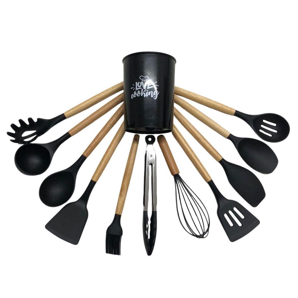 Jogo 12 Utensílios Silicone Colher Concha Pegador Preto