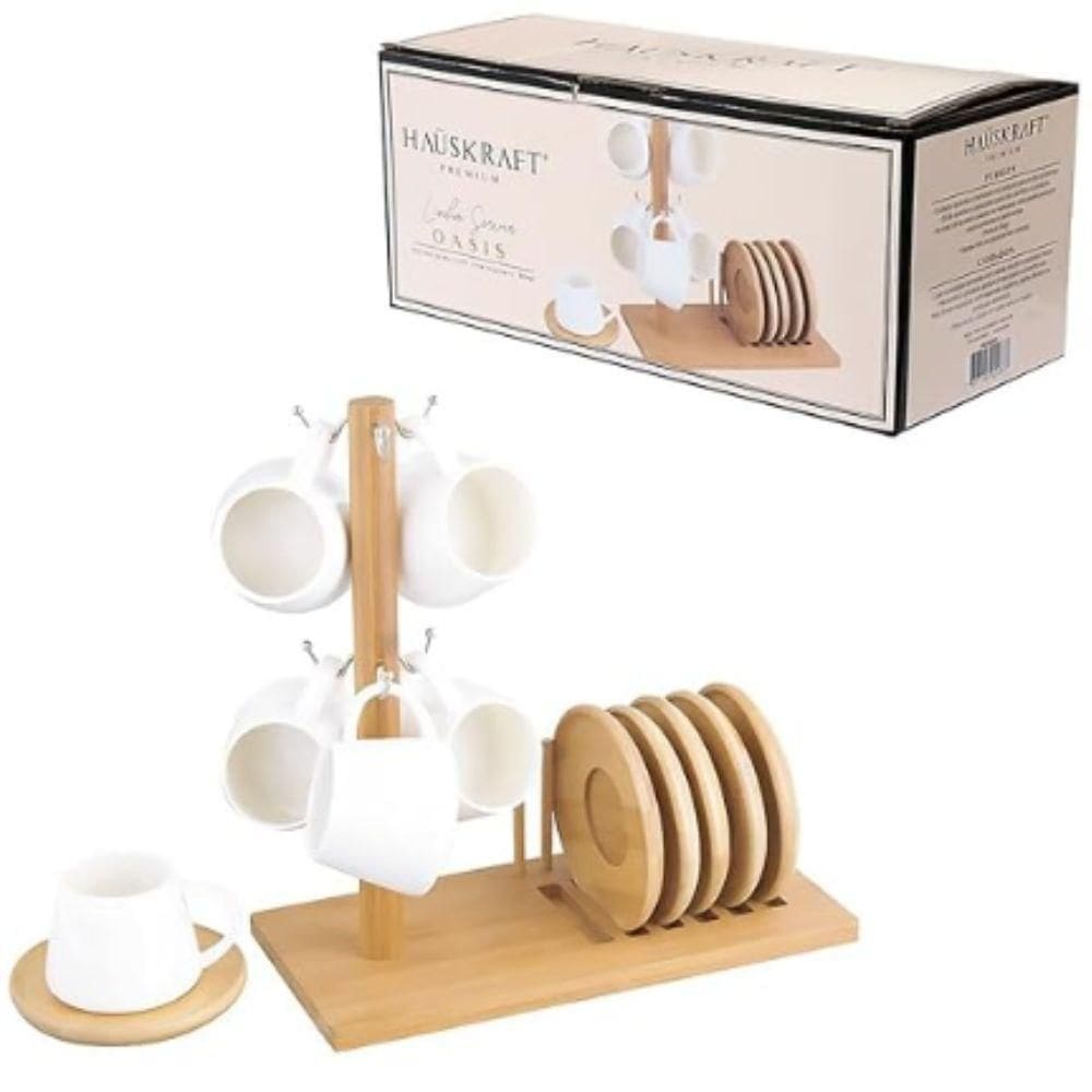 Jogo 6 Xícara Para Café 90Ml Pires E Suporte Bambu Haskraft