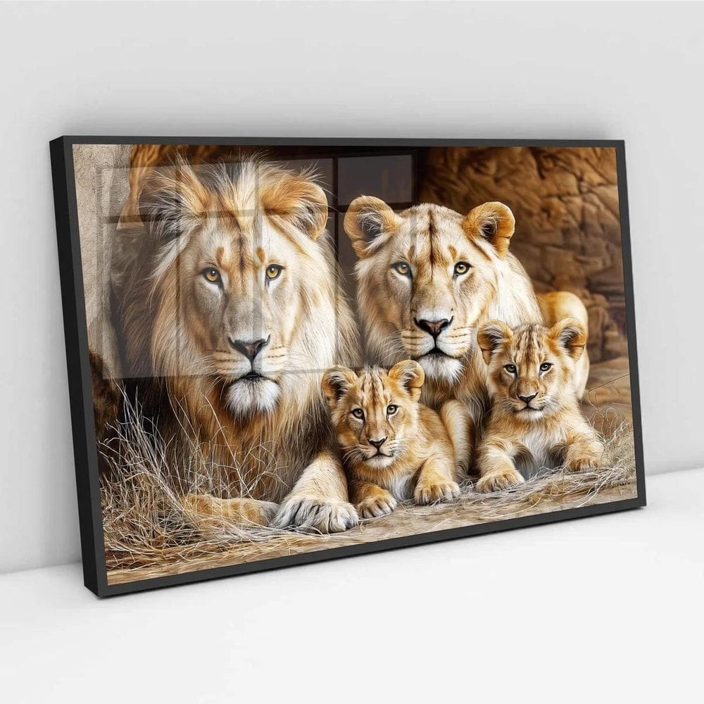 Quadro Família Leões 2 Filhotes - 50X70Cm