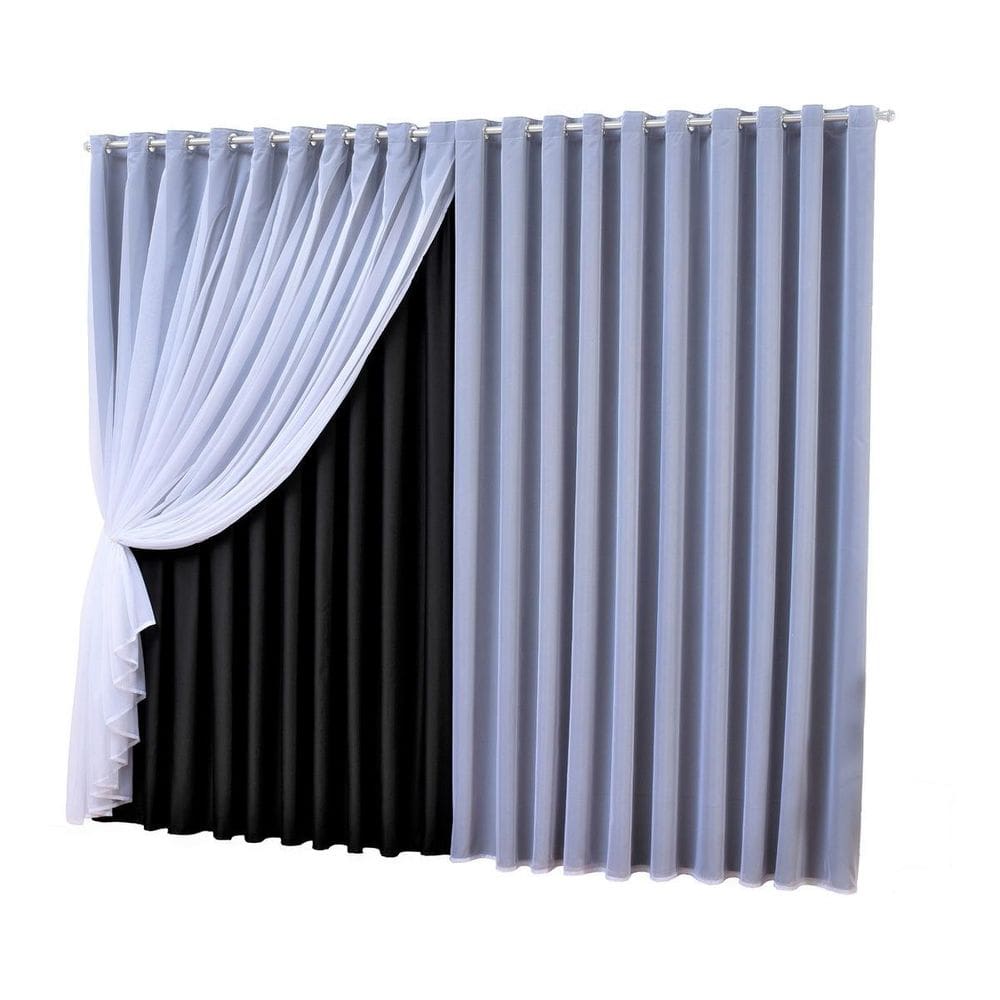 Cortina Voal Com Forro Em Tecido Blackout Preto 4,00X2,80