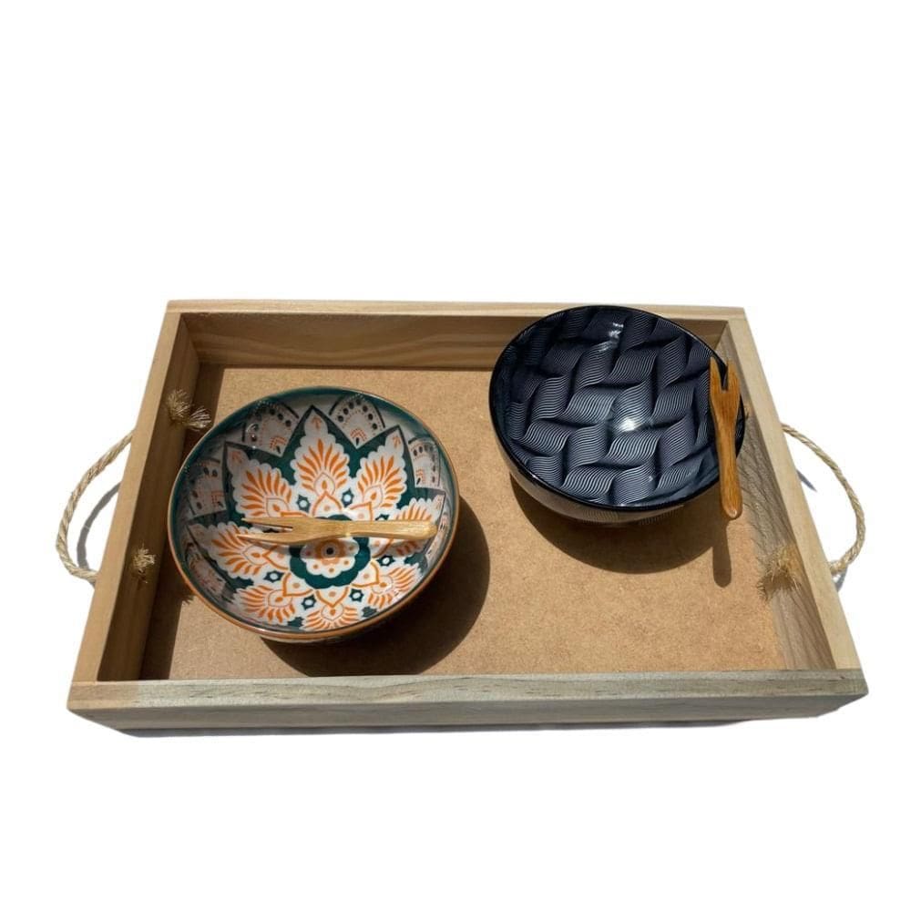Bandeja De Madeira Feita A Mão Com Alças Em Corda E 2 Bowls