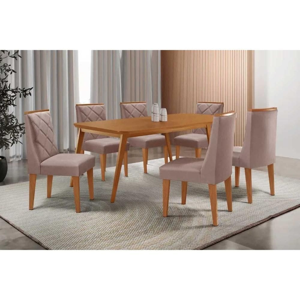 Sala de Jantar Completa Havana c/ Tampo Madeirado Canto Curvo 180x90cm e 6 Cadeiras Pietá Naturale - Linho Capuccino - Rufato
