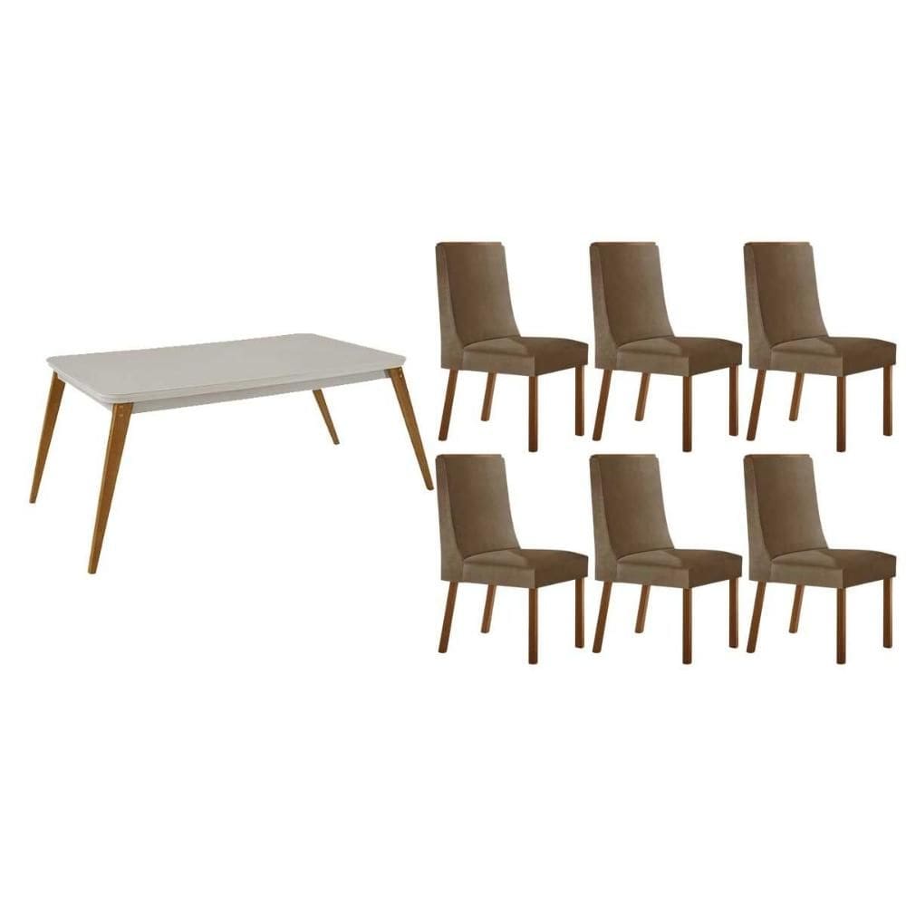 Sala de Jantar Completa Havana c/ Tampo Madeirado c/ Vidro Canto Curvo 180x90cm e 6 Cadeiras Dakota Naturale/Off White - Suede Capuccino - Rufato