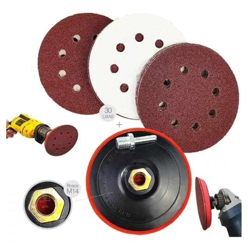 Suporte De Boina Furadeira Lixadeira + 30 Discos Lixa 125Mm