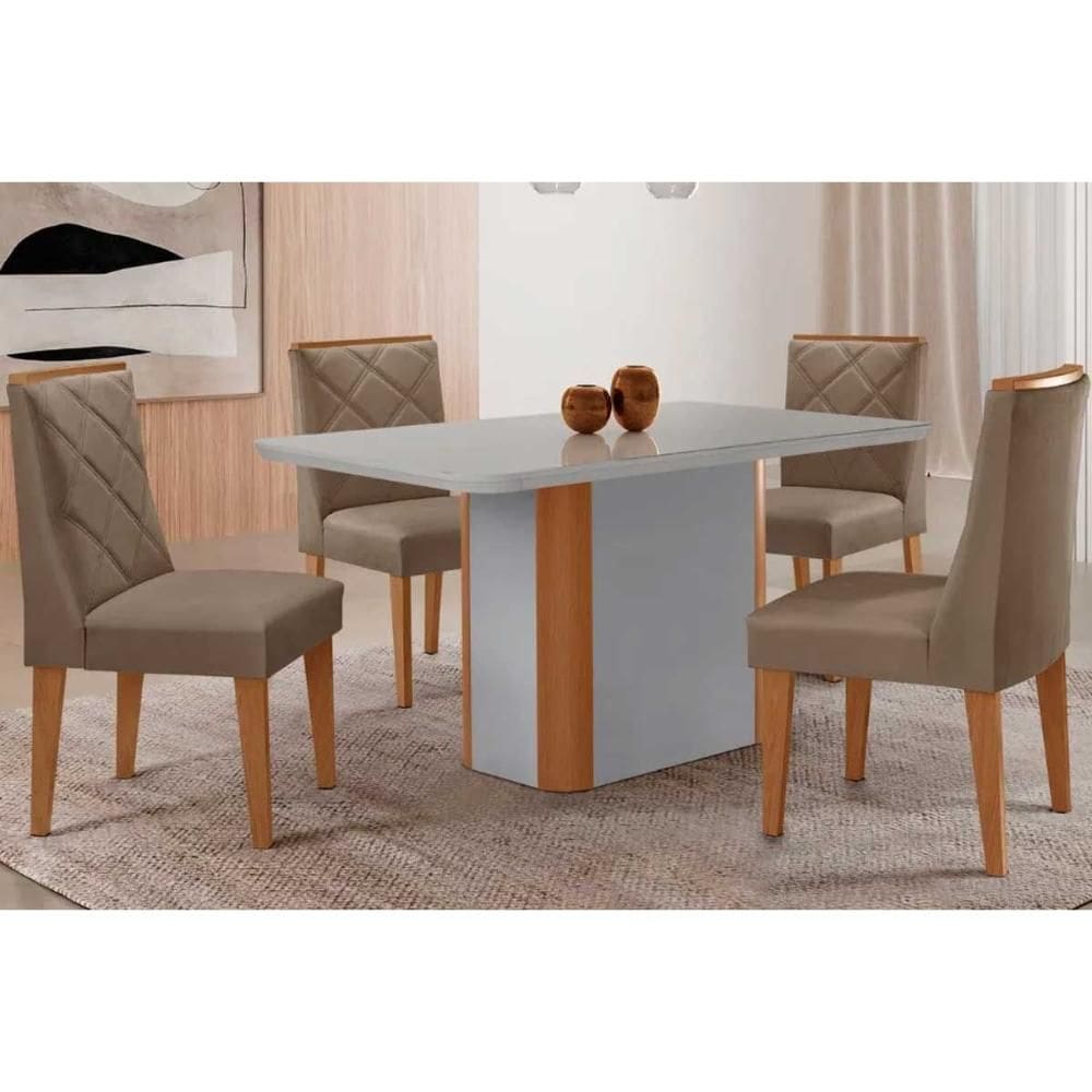 Conjunto Sala de Jantar Pietá c/ Tampo Madeirado c/ Vidro Canto Curvo 120x80cm e 4 Cadeiras Pietá Madeira Maciça Naturale/Off White - Capuccino/Suede