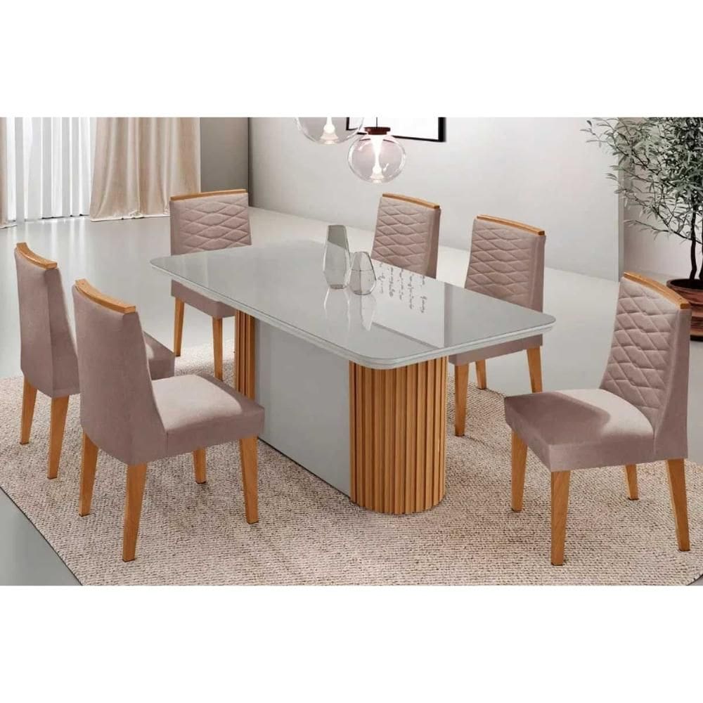 Sala de Jantar Completa Pilar c/ Tampo Madeirado c/ Vidro Canto Curvo 180x90cm e 6 Cadeiras Maldivas Naturale/Off White - Linho Capuccino - Rufato