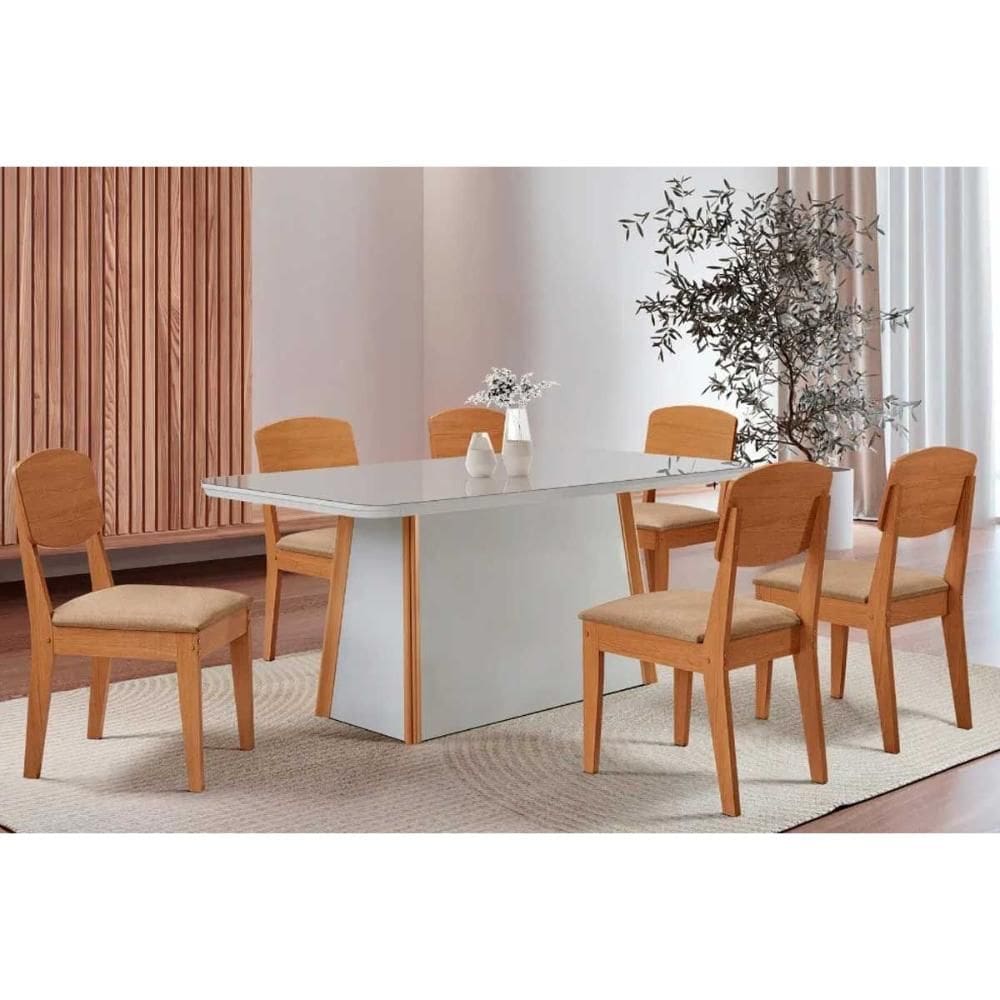 Sala de Jantar Completa Tilia c/ Tampo Madeirado c/ Vidro Canto Curvo 180x90cm e 6 Cadeiras Havana Naturale/Off White - Linho Bege - Rufato