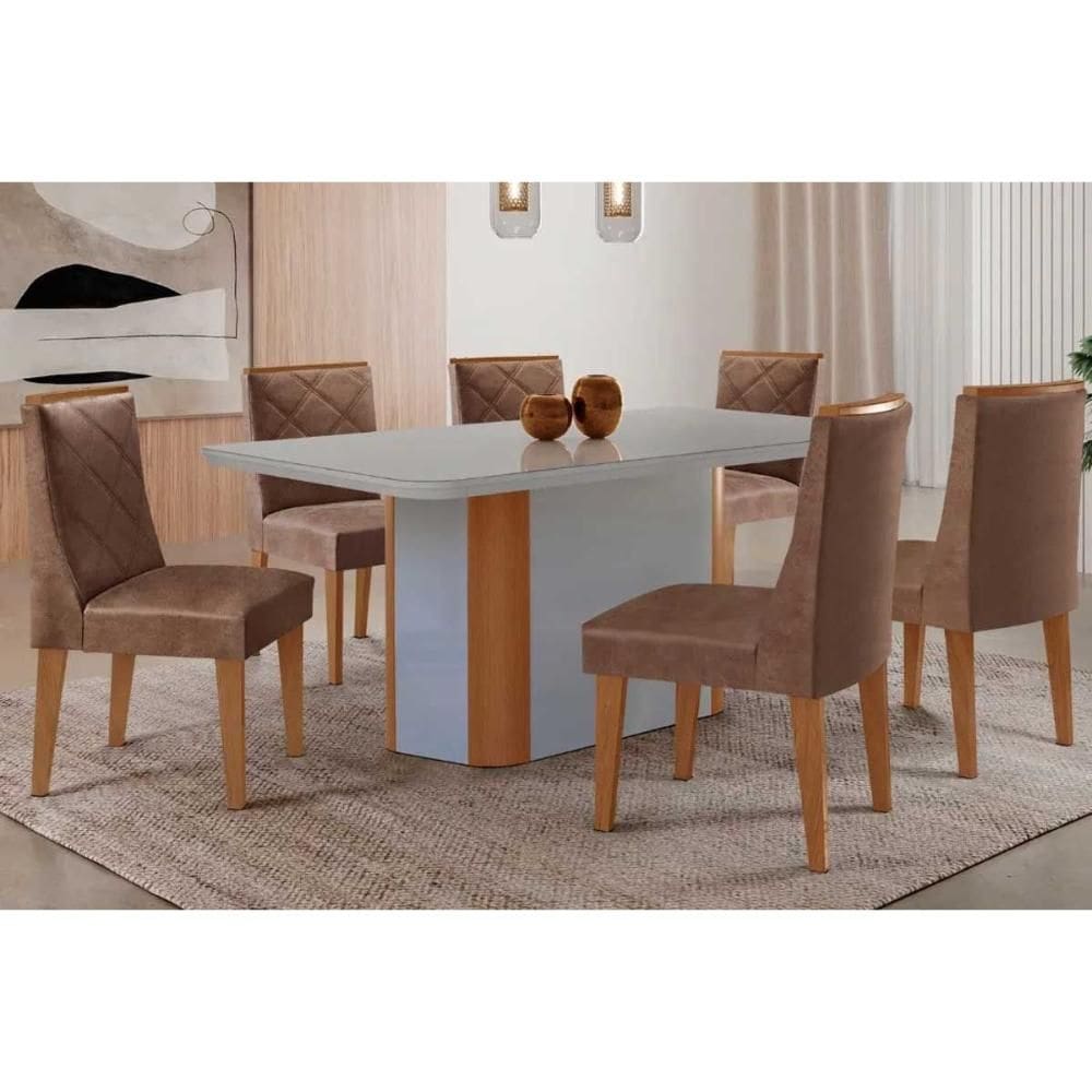 Conjunto Sala de Jantar Pietá c/ Tampo Madeirado c/ Vidro Canto Curvo 180x90cm e 6 Cadeiras Pietá Madeira Maciça Naturale/Off White - Capuccino/Corano