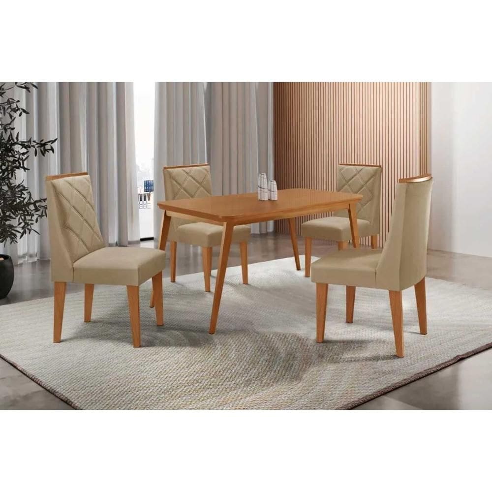 Sala de Jantar Completa Havana c/ Tampo Madeirado Canto Curvo 120x80cm e 4 Cadeiras Pietá Naturale - Linho Bege - Rufato