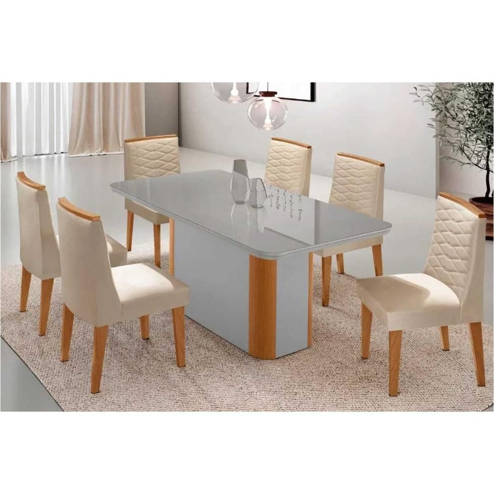 Sala de Jantar Completa Pietá c/ Tampo Madeirado c/ Vidro Canto Curvo 180x90cm e 6 Cadeiras Maldivas Naturale/Off White - Suede Creme - Rufato