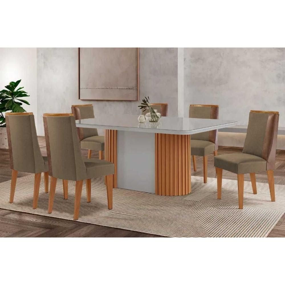 Sala de Jantar Completa Pilar c/ Tampo Madeirado c/ Vidro Canto Curvo 180x90cm e 6 Cadeiras Tilia Naturale/Off White - Suede Capuccino - Rufato
