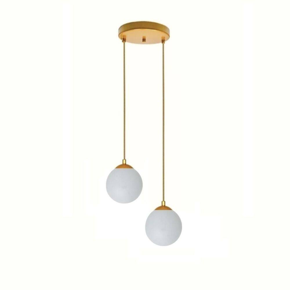 Pendente Moderno Dourado Globo Duplo Alumínio Vidro 1,50m